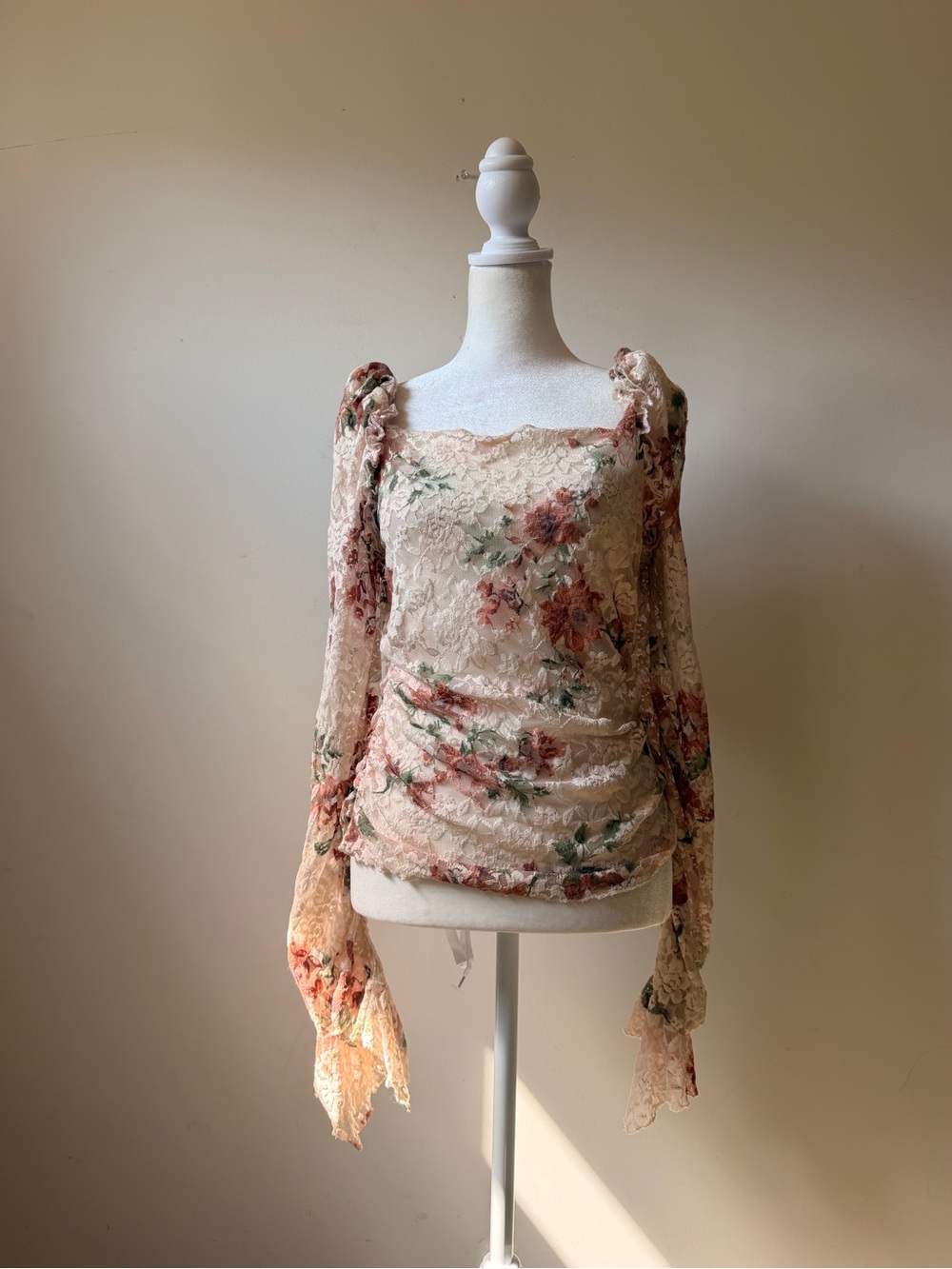 Anthropologie Floral Lace Square Neck Blouse - Blush and Green